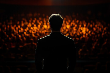 Fototapeta premium An abstract silhouette of a speaker standing on stage, public speaking, a symbolic representation of leadership. 