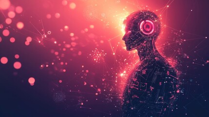 Obraz premium Illuminated Human-Robot Fusion in Digital Realm on Dark Rose Gradient - Concept of Future Technology and Connectivity