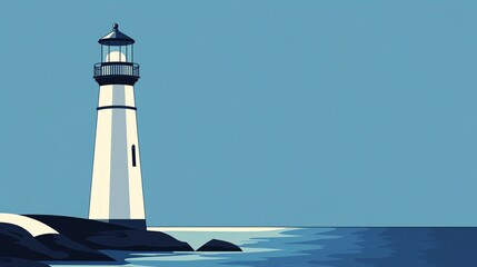 A lighthouse on a rocky shore, with the ocean and sky in the background.