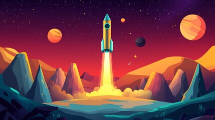 A vibrant illustration of a rocket launching into space with a colorful and rocky landscape in the foreground.