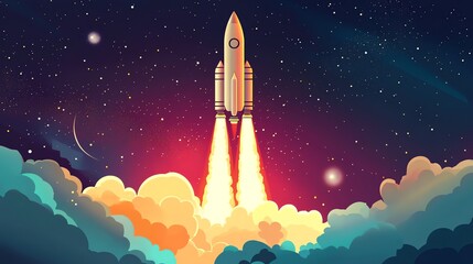 A rocket launch through colorful clouds and a starry night sky.