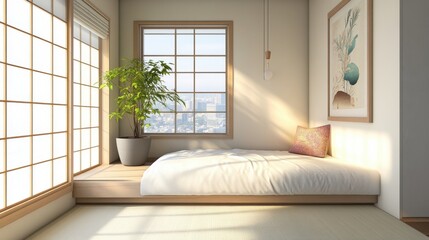 Contemporary Japanese small bedroom featuring a comfortable window seat and sleek