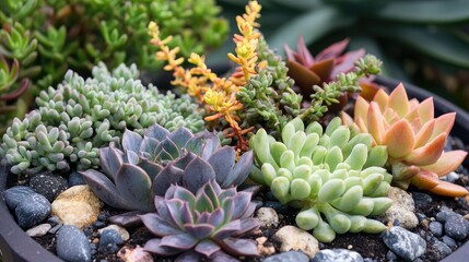 Fototapeta premium Close-up of a succulent tray garden with echeveria, sedum, and kalanchoe varieties, surrounded by tiny rocks, no logos