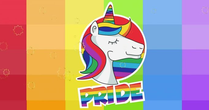 Animation of pride lgbtq text, unicorn and stars falling over rainbow background