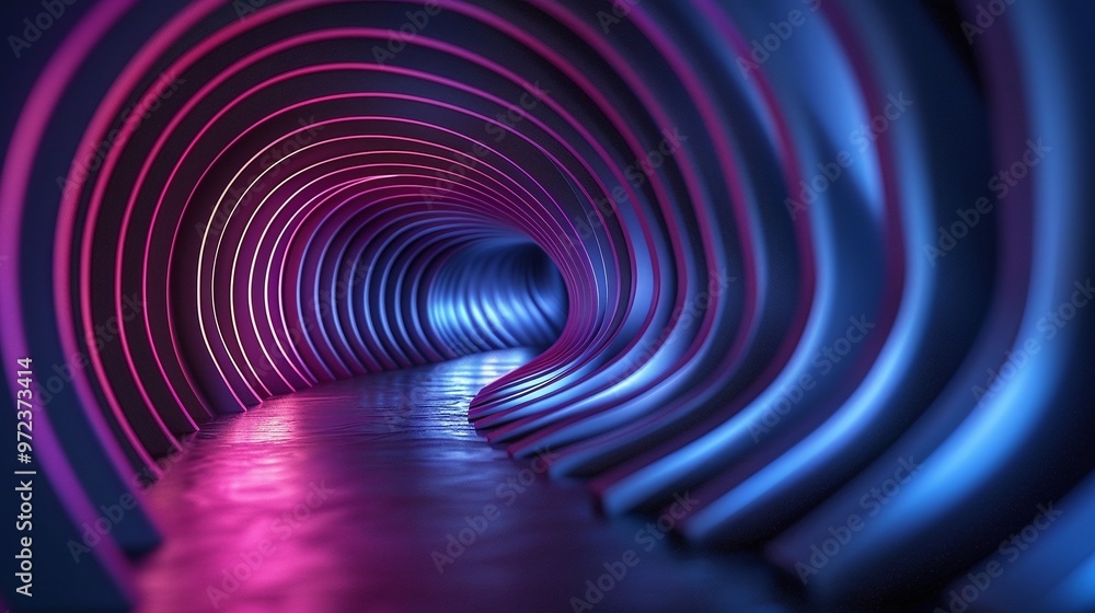 Poster a vibrant corridor featuring illuminated curves and colorful lights, creating a futuristic and dynam