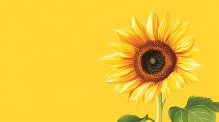 Single sunflower with yellow petals on a bright yellow background.