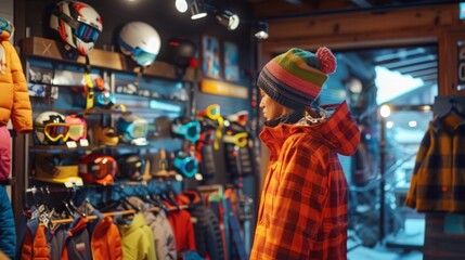 Obraz premium A person exploring a vibrant ski shop filled with colorful winter gear and accessories. Ready for the winter adventure ahead.