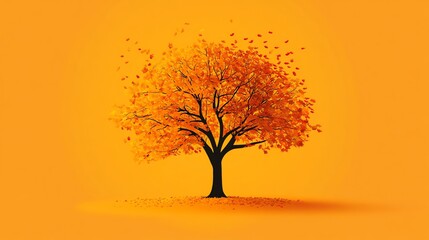 Autumn tree with orange and red leaves against a bright orange background.