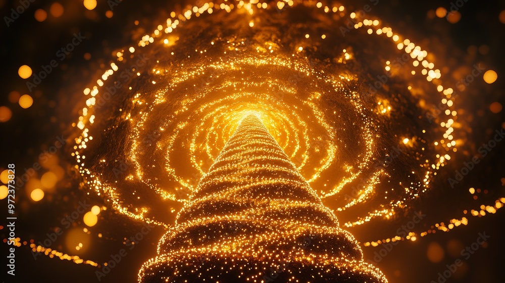 Poster christmas tree made of concentric circles of lights, each circle smaller and higher, creating a mesm