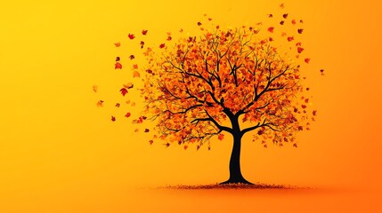A single tree with orange leaves in a simple yellow background.