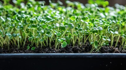 Close-up of a tray garden with microgreens, vibrant sprouts, and a layer of rich soil, fresh and healthy, no logos