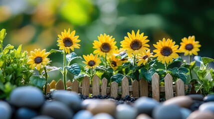 Obraz premium Close-up of a tray garden with miniature sunflowers, pebbles, and a small wooden fence, a sunny garden scene, no logos