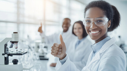 Fototapeta premium Smiling Clinical Researchers in Laboratory Giving Thumbs Up: Group Pose with Microscope, Test Tubes, and Glass Apparatus, Light Background. photo