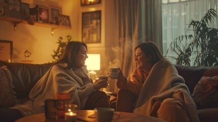 Cozy Friends Enjoying Warm Drinks Together on a Chill Evening at Home