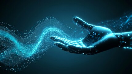Technological Fusion: Human Hand and Robotic Finger in Blue Light with Digital Waveforms on Dark Gray Background