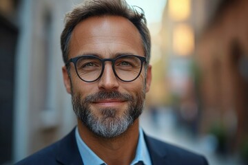 Obraz premium Close-up Portrait of a Middle-Aged Man with Glasses and a Beard