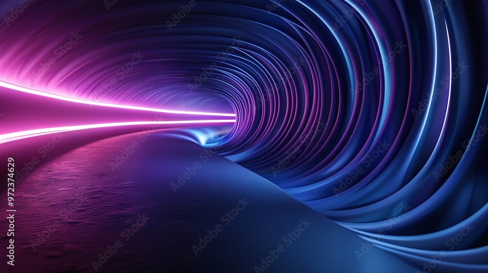 Poster a vibrant, glowing tunnel with dynamic curves and neon lights, creating a futuristic ambiance and de