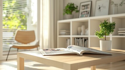 Contemporary light wood table with white shelves, open newspaper displaying cartoon