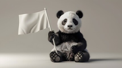 Panda with White Flag: A cuddly panda sitting and holding a white flag with one paw. 
