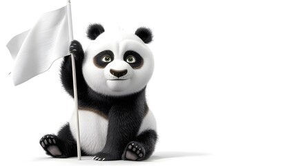 Fototapeta premium Panda with White Flag: A cuddly panda sitting and holding a white flag with one paw. 