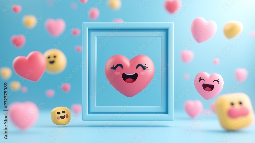 Poster colorful heart-shaped characters in a playful setting with smiling faces, surrounded by various shap