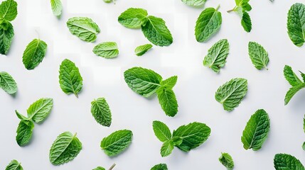 Fresh mint leaves, top view, white background