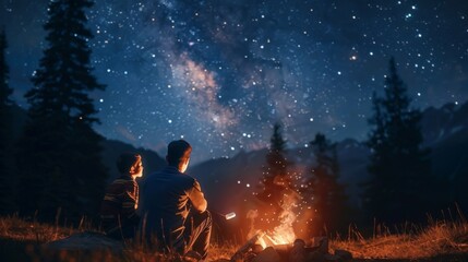 Fototapeta premium A Serene Night Under the Stars: Camping by a Fire in the Woods