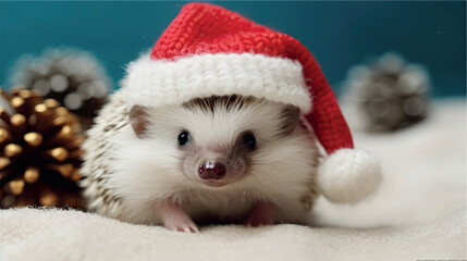 Funny hedgehog in a Santa Claus hat. Merry Christmas poster with a hedgehog wearing a red Santa hat. New Year's poster with a hedgehog portrait. Christmas and New Year photo, poster, print.