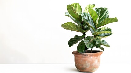 Healthy Fiddle Fig plant in a rustic clay pot, isolated against a clean white background