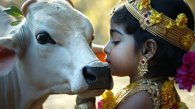Indian religions, including Hinduism, celebrate devotional occasions like this one where this adorable little Krishna is holding the holy cow.