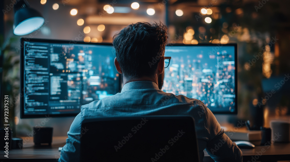 Poster a person working at a desk in a modern office with multiple screens displaying cityscape and code at