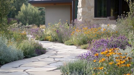 Front yard garden featuring a variety of native plants, wildflowers, and a curved stone pathway, natural look, no logos