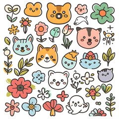 Kawaii doodle icons with dogs, flowers, and seeds in pastel colors, simple lines and cute faces, vector graphics on a white background