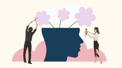Man trimming flowers growing out of head, while woman cleaning them, process of maintaining mental...