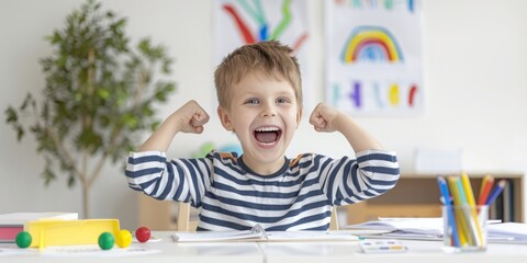 Fototapeta premium An excited elementary school boy doing homework at home, embodying passion for learning and education.