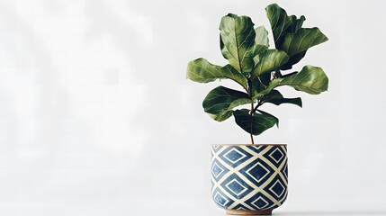 Leafy Fiddle Fig in a geometric patterned pot, positioned on a white background