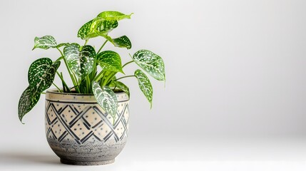 Lush spotted betel plant in a patterned ceramic pot, crisp white background