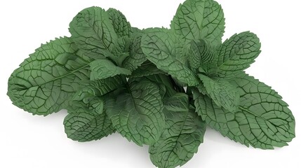 Mint leaves cluster, isolated on white, detailed textures