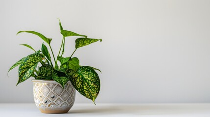Lush spotted betel plant in a patterned ceramic pot, crisp white background