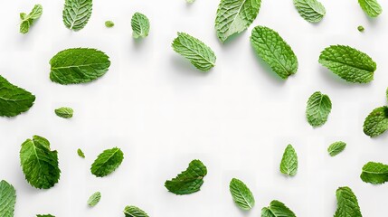 Mint leaves scattered, white background