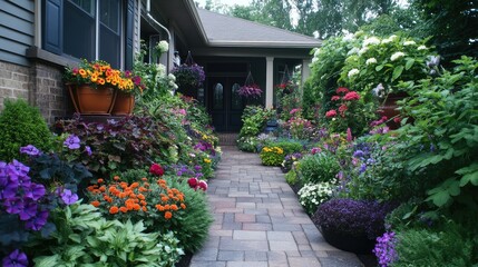 Obraz premium Front yard garden with a variety of potted plants, hanging baskets, and a decorative stone pathway, no logos