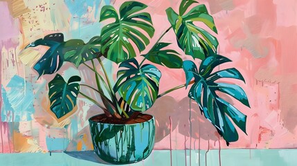 Monstera plant in a green pot, oil painting, sides adorned with blue and pink stripes