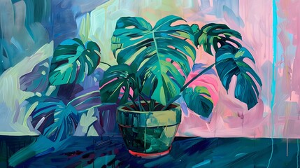 Monstera plant in a green pot, oil painting, sides adorned with blue and pink stripes