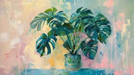 Monstera plant in a green pot, oil painting, sides adorned with blue and pink stripes