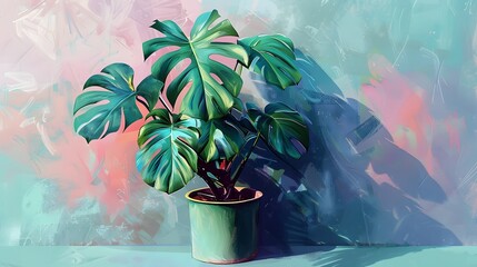 Monstera plant in a green pot, oil painting style, blue and pink stripes on the sides