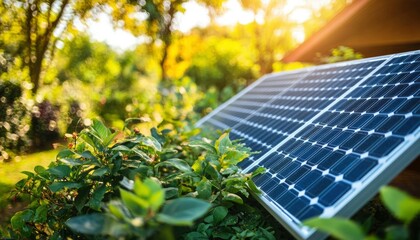Fototapeta premium Solar Panel Partially Hidden by Lush Green Foliage in a Backyard Setting