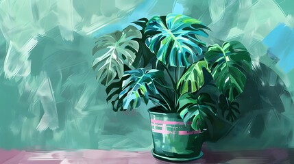 Monstera plant in a green pot, oil painting style, blue and pink stripes on the sides