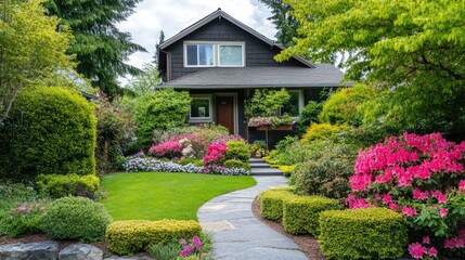 Front yard garden with blooming flowers, a small stone path, and neatly trimmed hedges, vibrant greenery, no logos