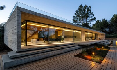 Minimalist Modern House in Pine Forest, Portugal at Dusk
