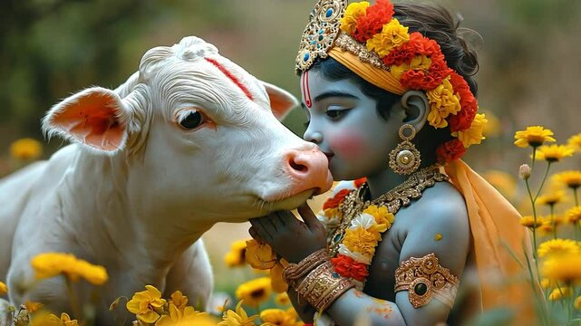 Indian religions, including Hinduism, celebrate devotional occasions like this one where this adorable little Krishna is holding the holy cow.